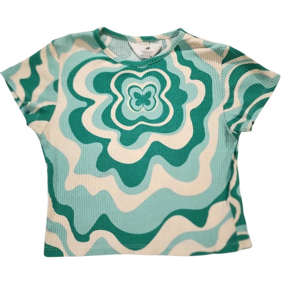 Girl's Top Shirt Blouse Concentric Flower/ "Tie Dye Look" Green White Size 14